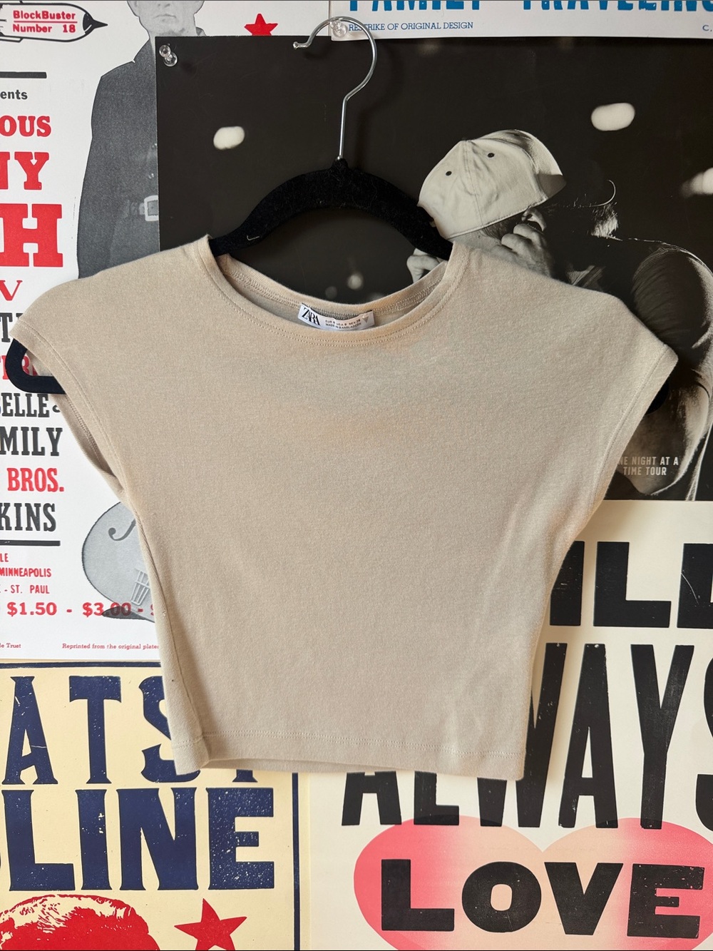 Zara Beige Cropped Crewneck Top